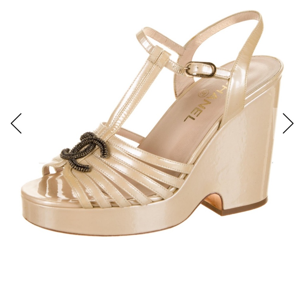 CHANEL Nude Patent Leather T-Strap Platform Wedge Sandal